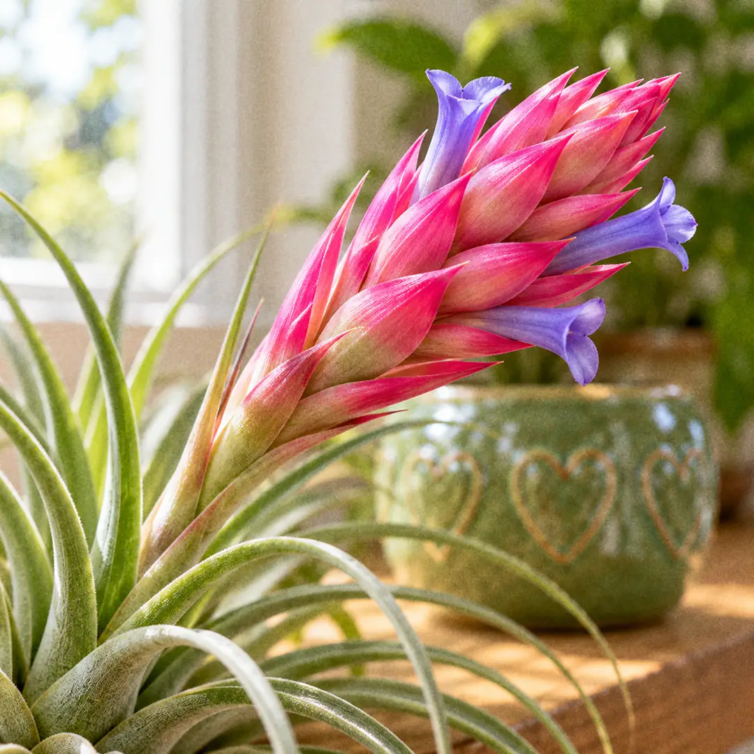 A macro close-up of a Stricta Air Plant in bloom, showing a plump cone of overlapping bright pink bracts on a short arching stalk with three small blue-violet tubular flowers opening between the bracts, above a rosette of narrow soft green leaves