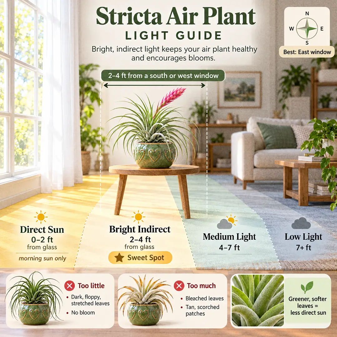 An illustrated light guide showing a Stricta Air Plant in a green ceramic pot with a heart motif placed 2-4 feet from a sunny window behind a sheer curtain, with labelled zones for direct sun, bright indirect sweet spot, medium, and low light, a note that east windows are best, and small symptom icons for floppy dark green leaves and bleached scorched leaves