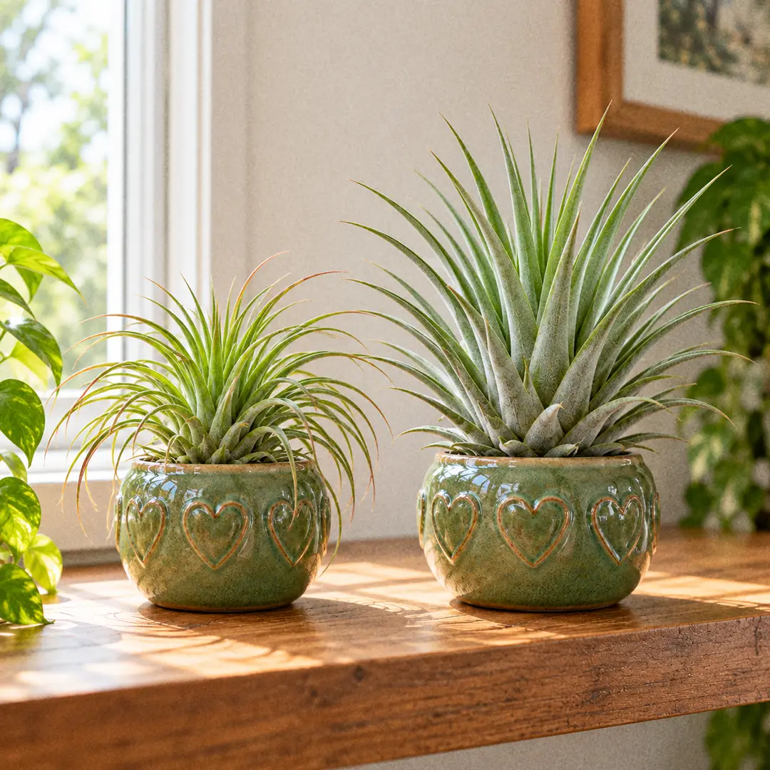 Two Stricta Air Plants side by side on a wooden shelf in matching green ceramic pots with heart motifs: on the left a small soft-leaf form with fine, flexible bright green leaves, on the right a larger hard-leaf form with stiff, upright grey-green silvery leaves