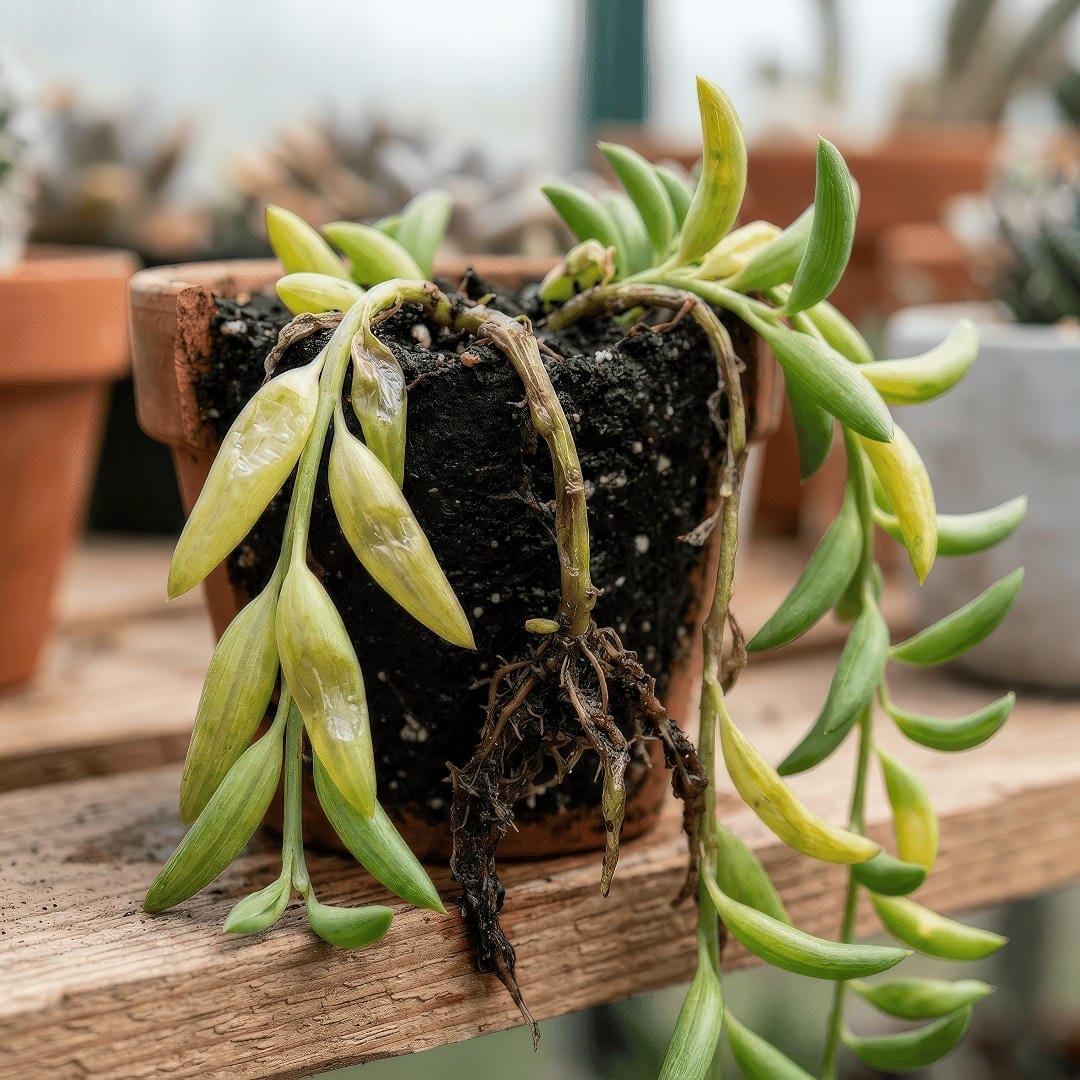 An overwatered String of Bananas showing yellowing, mushy stems and signs of root rot at the base.