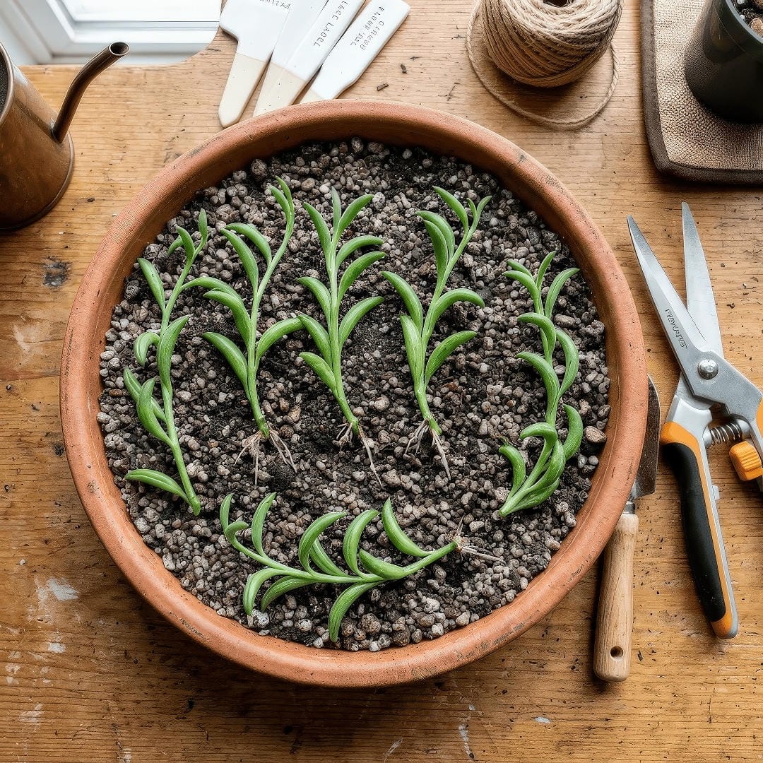 String of Bananas stem cuttings laid on succulent soil in a shallow pot for propagation.