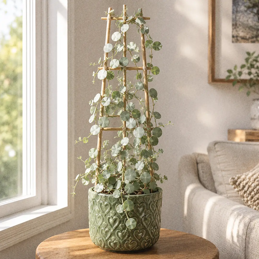 A mature String of Coins displayed as a tall climbing vine on a small bamboo trellis in a green ceramic pot with a heart motif, with thick green-grey stems carrying pairs of round silvery blue-green coins spiraling up the trellis and curling tendrils gripping the bamboo, sunlight from a nearby window catching the silvery leaves, clean modern home setting with a neutral wall behind