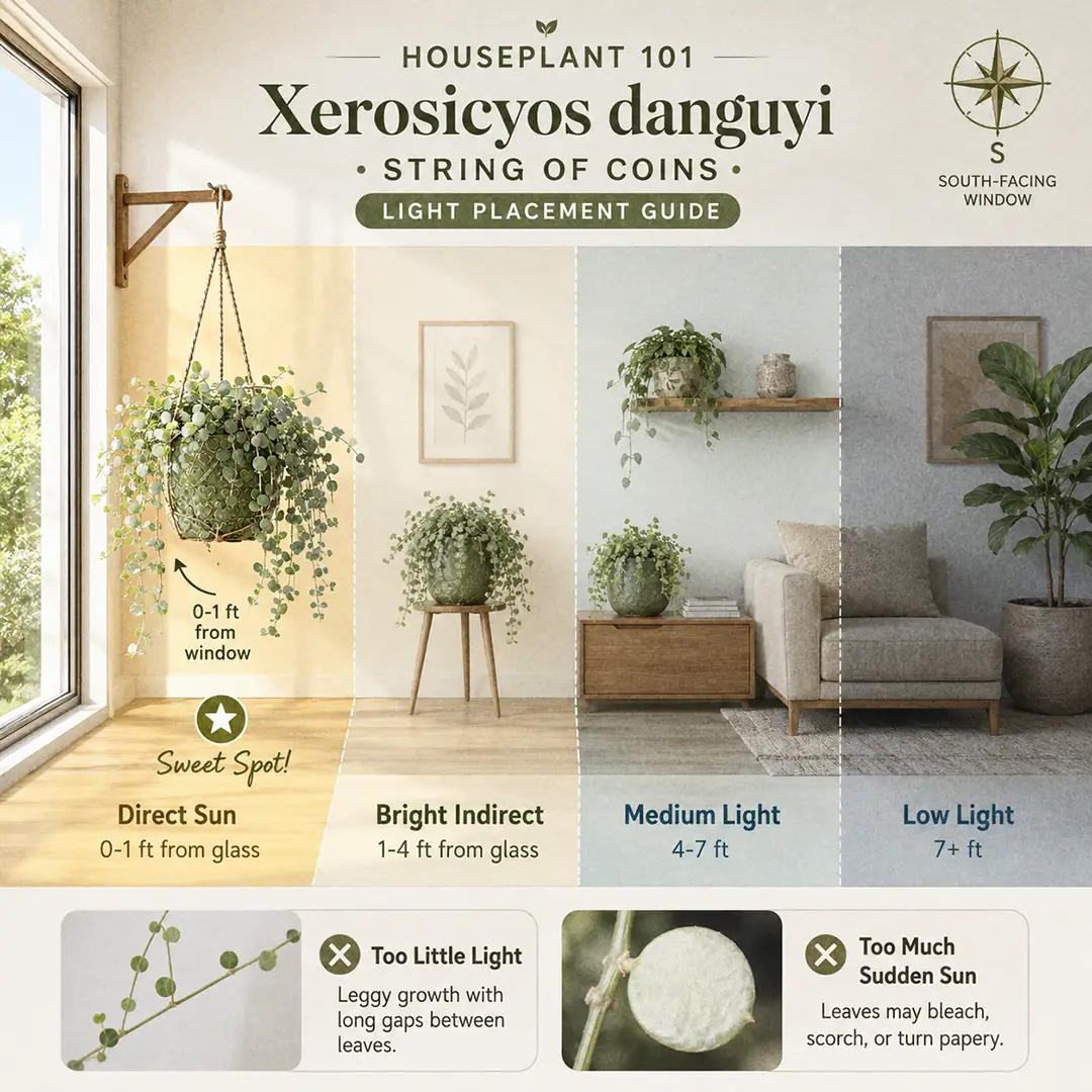 A labeled square light-zone diagram showing a String of Coins placed in the sweet spot right at a south-facing window, with sweet-spot, too-dark, and too-bright zones color-washed, a small compass marking south, and tiny side icons warning about stretched vines from low light and bleached leaf edges in midsummer sun
