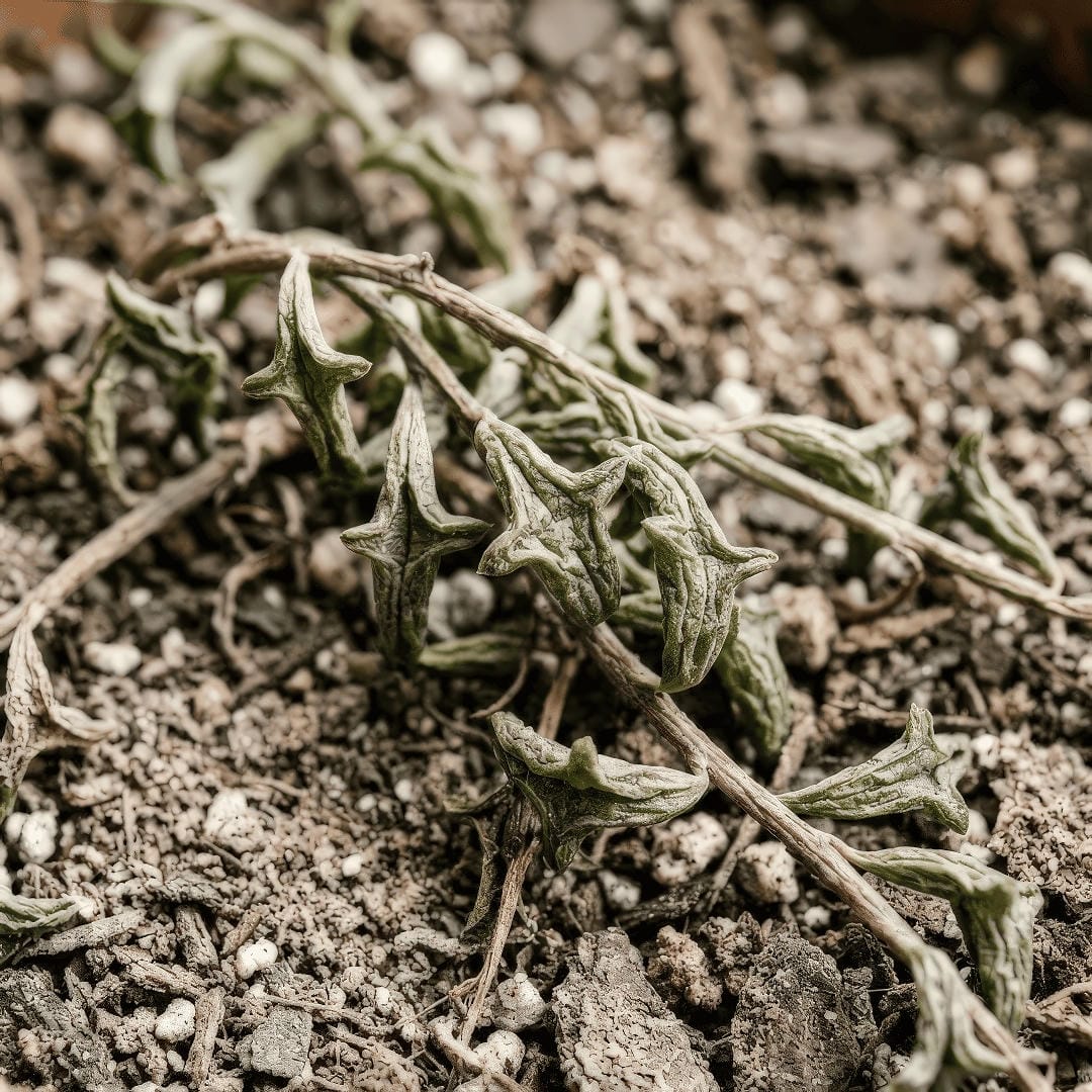 A close-up of a String of Dolphins plant showing wrinkled, deflated, and shriveled leaves indicating either severe underwatering or root rot.