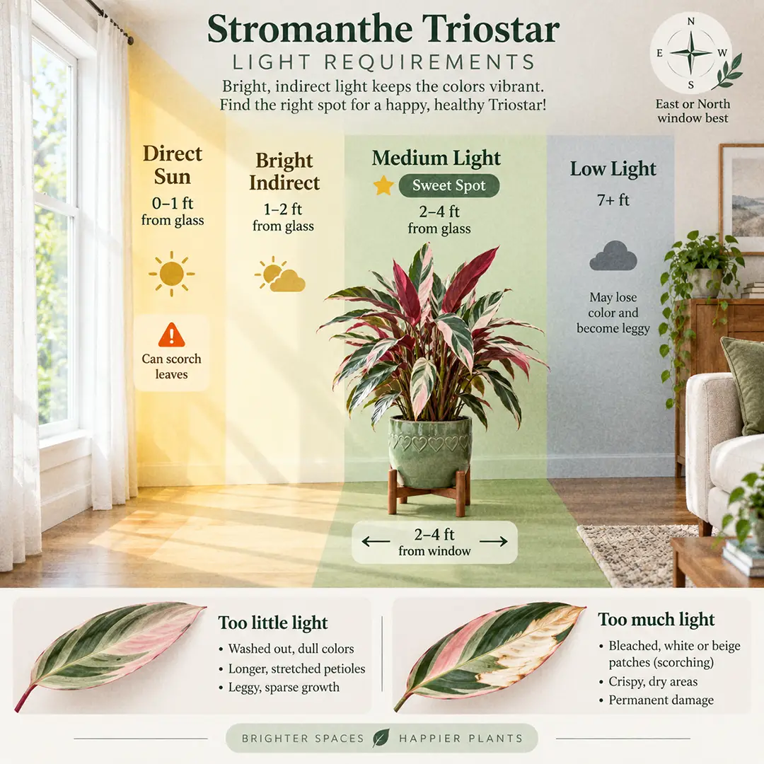 A labeled light guide diagram showing where to place a Stromanthe Triostar indoors relative to an east-facing window, with direct sun, bright indirect, medium and low light zones marked and the medium-light sweet spot marked with a star