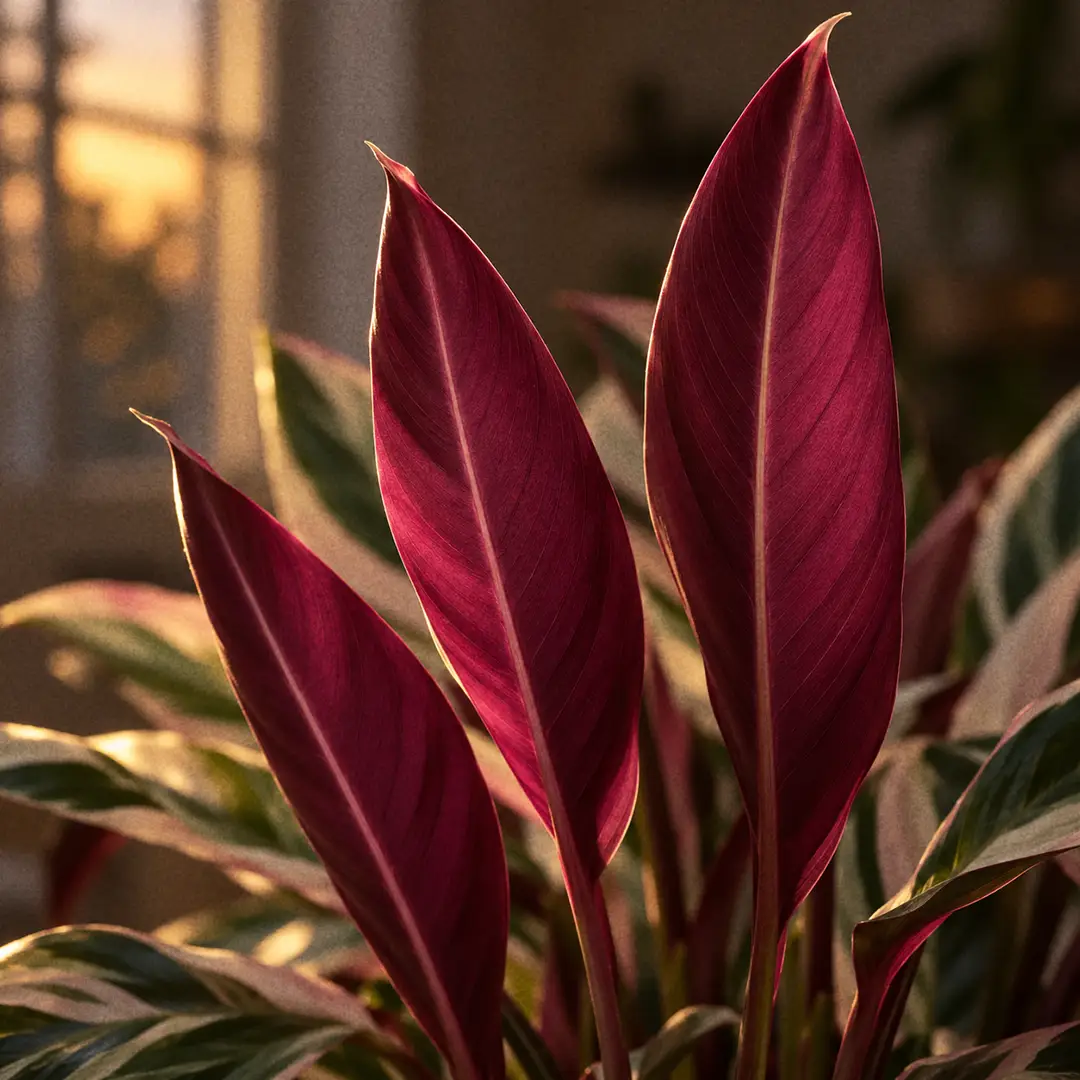 A macro close-up of Stromanthe Triostar leaf undersides in the evening, leaves lifted upright and backlit so the deep magenta purple underside glows, with the cream and green upper surfaces just visible behind