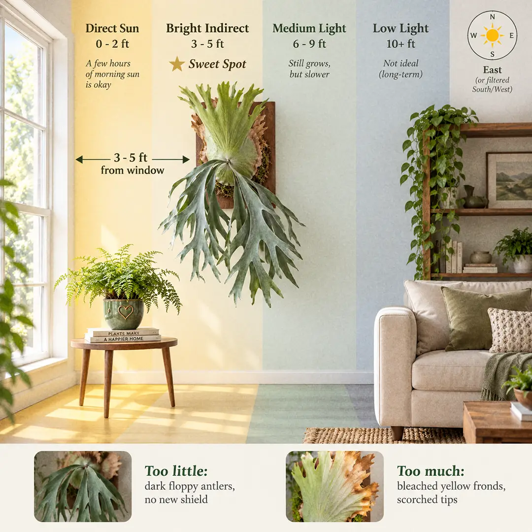 A labeled light guide diagram showing where to hang a Superbum Staghorn Fern indoors on a wall near an east-facing window, with direct sun, bright indirect, medium and low light zones and the sweet spot marked 3-5 feet from the glass