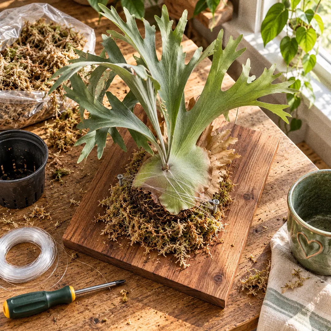 A step-by-step mounting setup showing a young Superbum Staghorn Fern being fixed to a hardwood board over a mound of damp sphagnum moss with fishing line wrapped between screws around the base of the shield, with a green ceramic pot with a heart motif on the workbench