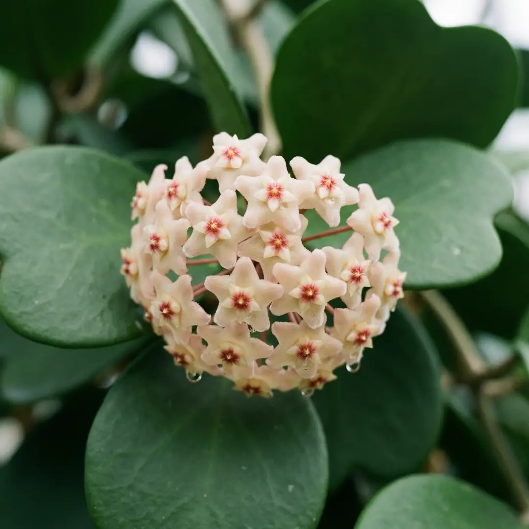 Close-up macro photograph of Sweetheart Hoya flowers: small, waxy, star-shaped cream and pale pink blooms arranged in a rounded cluster (umbel) on a visible flower spur, with deeply green heart-shaped leaves in the background