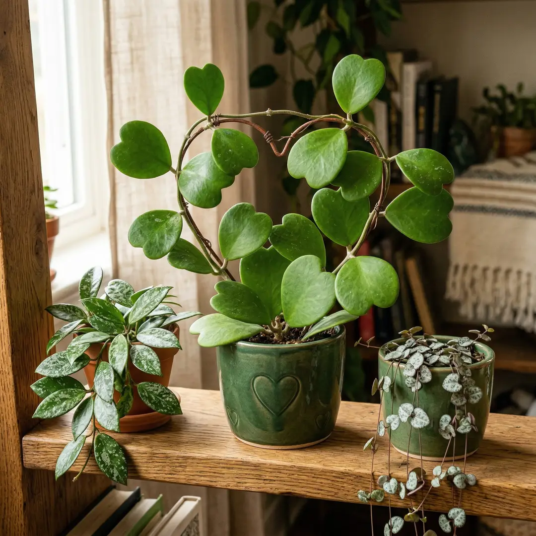 A mature trailing Sweetheart Hoya trained around a heart-shaped wire trellis in a green ceramic pot with a heart motif, displayed on a warm wooden shelf beside a smaller Hoya Carnosa and a String of Hearts plant