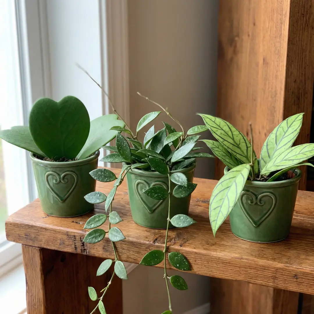 Three Hoya plants side by side on a wooden shelf for comparison: Sweetheart Hoya with large heart-shaped leaves, Hoya Carnosa with oval silver-speckled leaves, and Hoya Callistophylla with elongated leaves and bold dark venation, each in a green ceramic pot with a heart motif