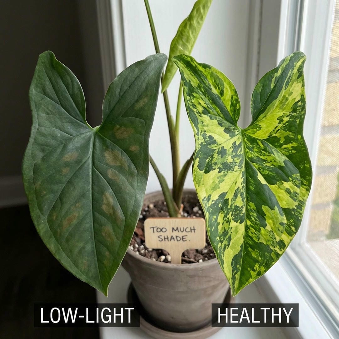 Comparison of a faded low-light leaf vs a vibrant high-light leaf
