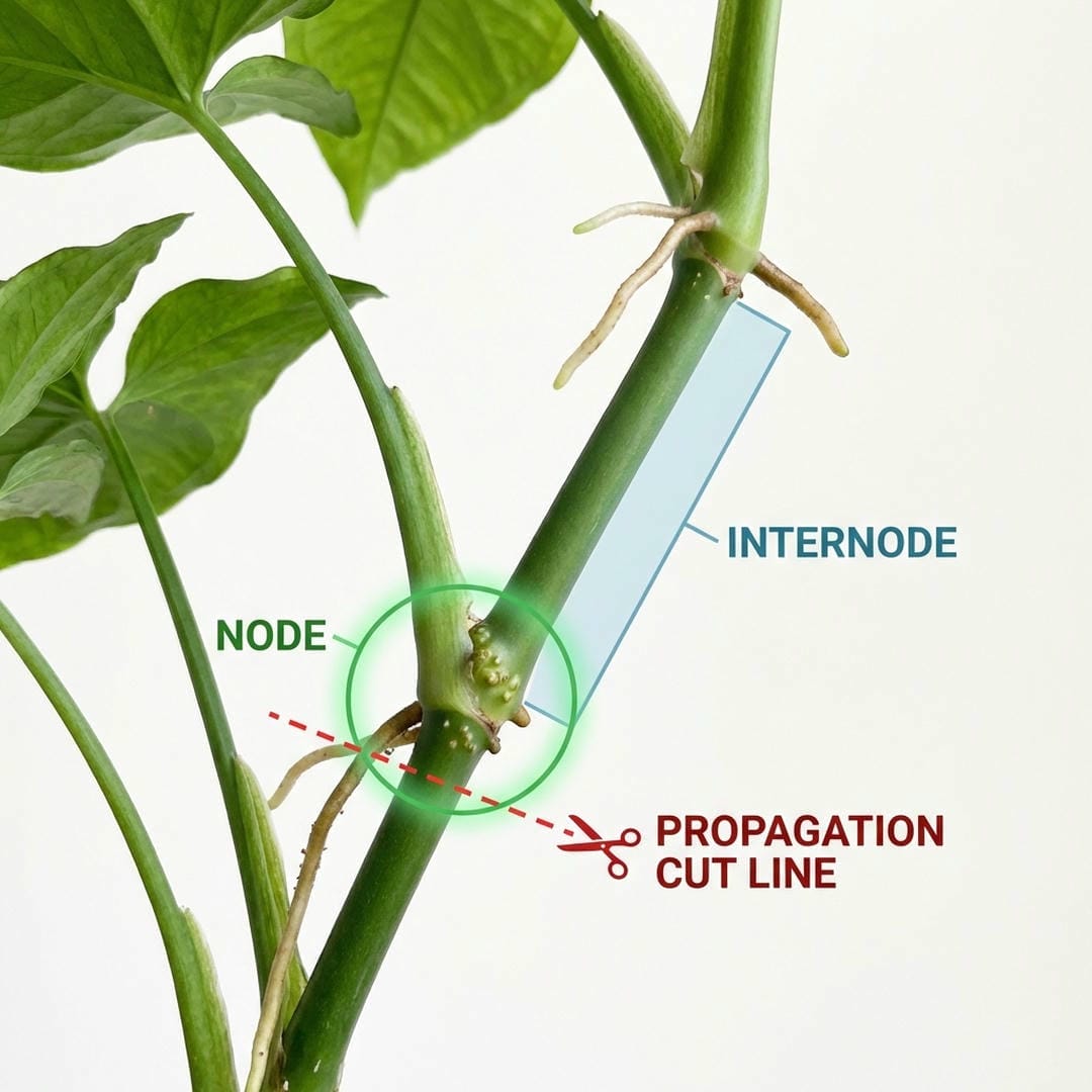Diagram showing where to cut a Syngonium stem for propagation