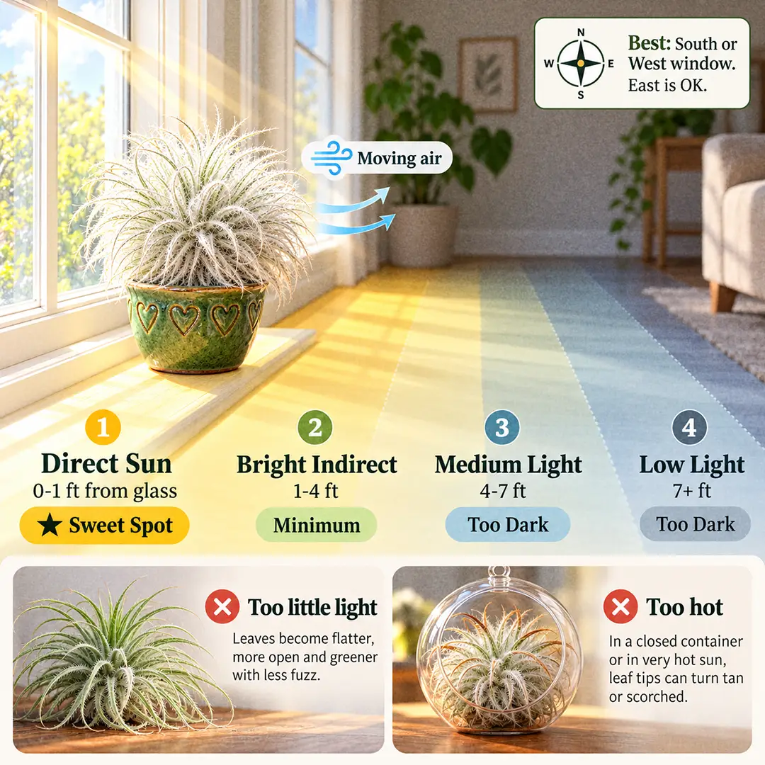 A labeled light guide diagram showing where to place a Tectorum Air Plant indoors, directly on a south or west windowsill in the direct sun zone within one foot of the glass, with bright indirect, medium and low light zones marked as too dark, and thumbnails of a flattened greenish plant and a plant with scorched tan tips