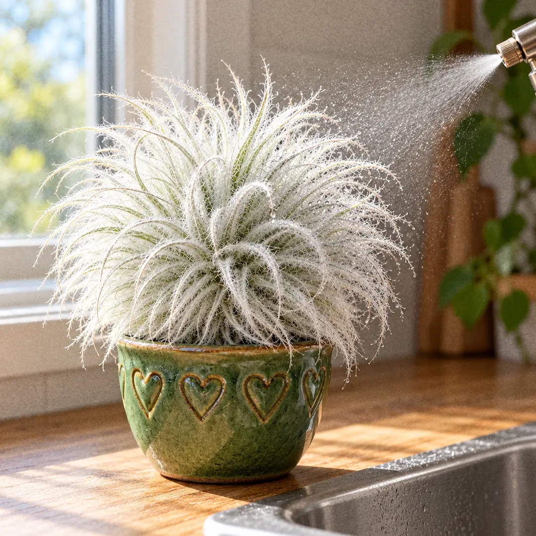 A fuzzy white Tectorum Air Plant being misted with a fine spray bottle over a sink, tiny droplets beading on the long trichomes, with a green ceramic pot with a heart motif on the counter beside it