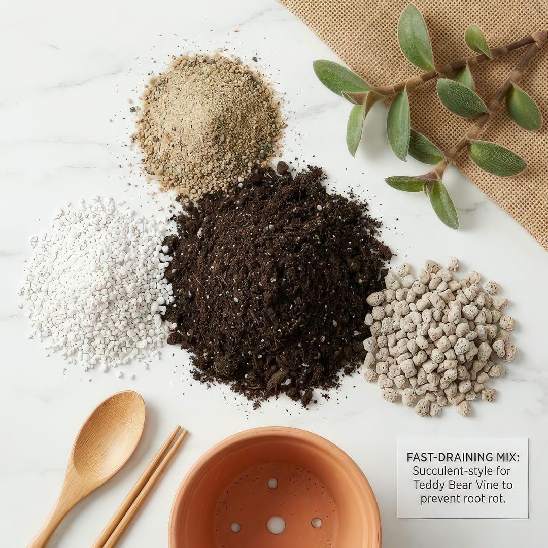 Components of ideal Teddy Bear Vine potting mix including soil, perlite, and sand