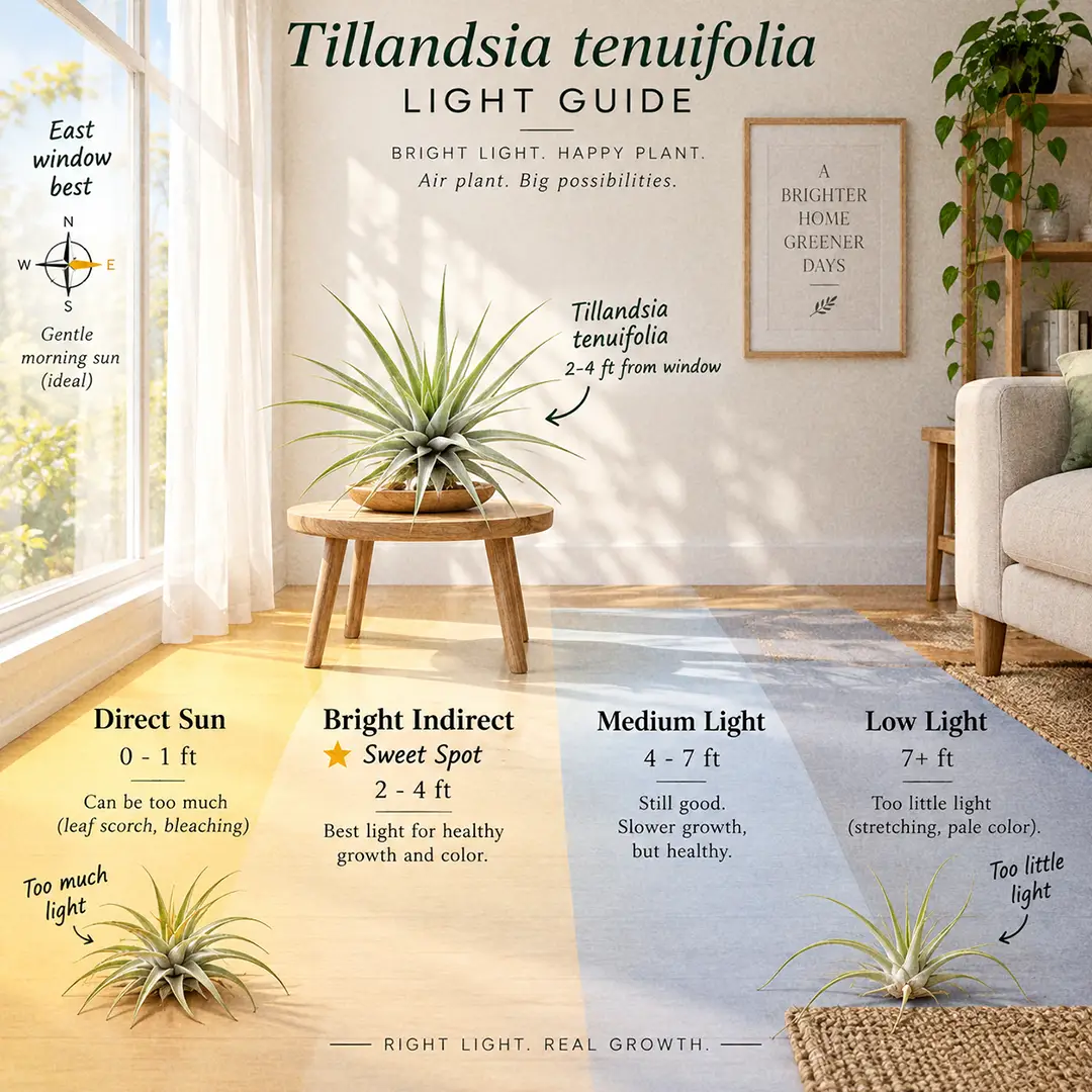 An illustrated light guide showing a Tenuifolia Air Plant in a green ceramic pot with a heart motif placed 2-4 feet from an east-facing window behind a sheer curtain, with labelled zones for direct sun, bright indirect sweet spot, medium, and low light, plus small symptom icons for stretched dull leaves and bleached scorched leaves