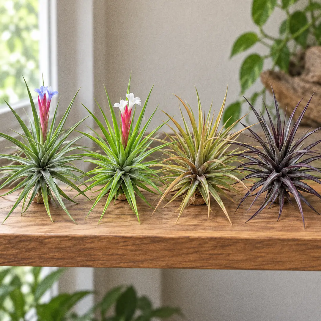 Four Tenuifolia Air Plants side by side on a wooden shelf in matching green ceramic pots with heart motifs: a classic green Blue Flower form with a pink spike and blue petals, a lime-green Emerald Forest with a pink spike and white flowers, a bronze-blushed Bronze form, and a dark purple-black Amethyst form