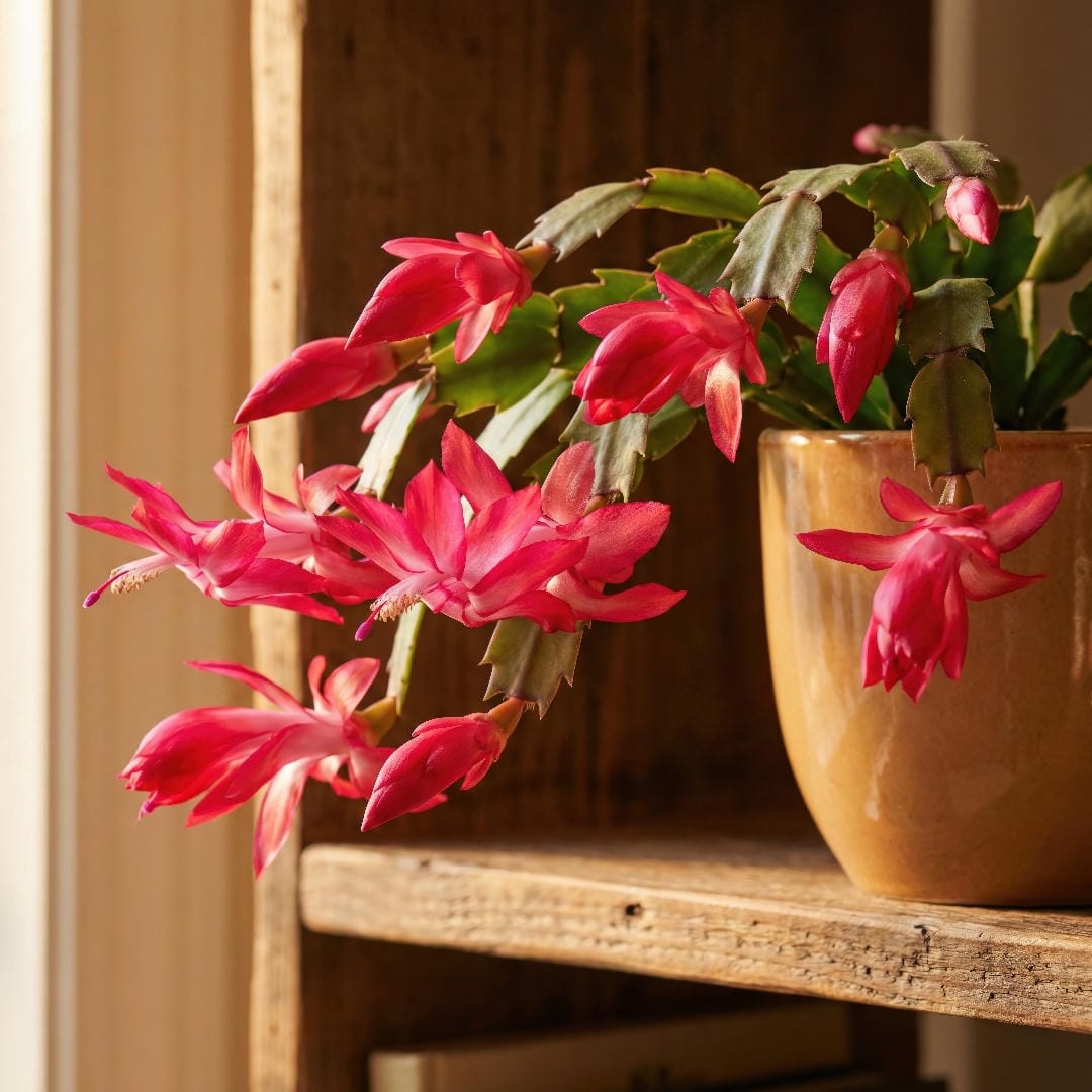 Thanksgiving Cactus in full bloom with vivid pink-red tubular flowers erupting from the claw-tipped stem segments