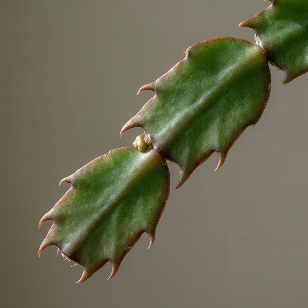 Close-up of Thanksgiving Cactus stem segments showing the flat phylloclades with their distinctive pointed claw-like teeth on each edge