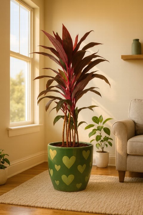 A tall, healthy Ti Plant with red and green leaves standing in a decorative pot in a brightly lit living room.