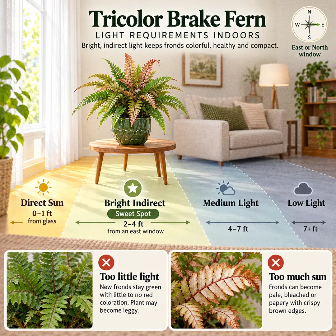 A labeled light guide diagram showing where to place a Tricolor Brake Fern indoors, with direct sun, bright indirect, medium and low light zones marked from an east-facing window, the fern positioned 2-4 feet from the glass in its sweet spot, and small inset panels showing dull green new fronds in low light and scorched leaflets in direct sun
