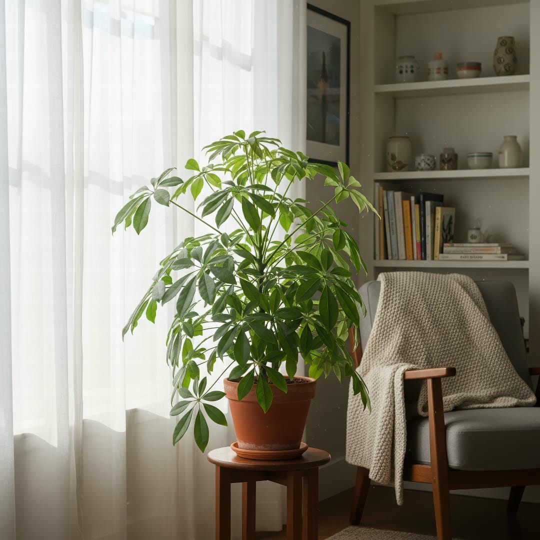 A healthy Umbrella Plant sitting near a window with bright, filtered light.