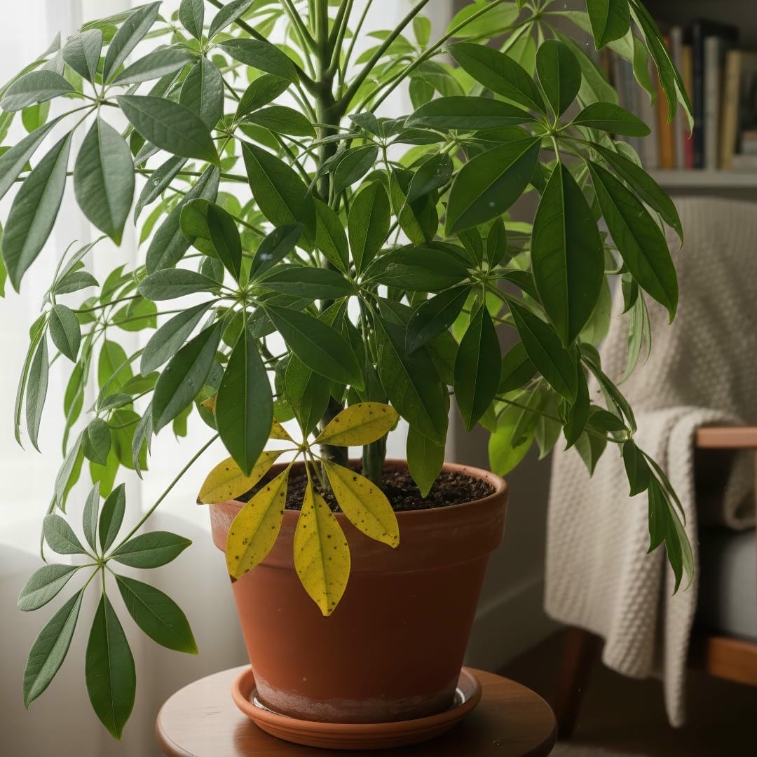 An Umbrella Plant with several yellowing leaves, a sign of overwatering.