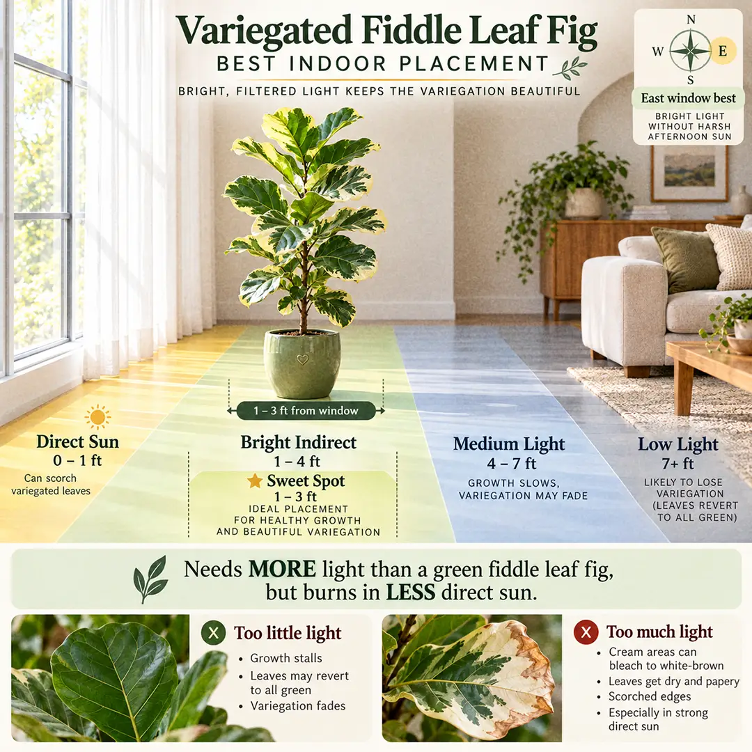 A labelled light-zone diagram showing a variegated Fiddle Leaf Fig placed one to three feet from an east-facing window, with direct sun, bright indirect, medium and low light zones marked across the floor and the sweet spot flagged