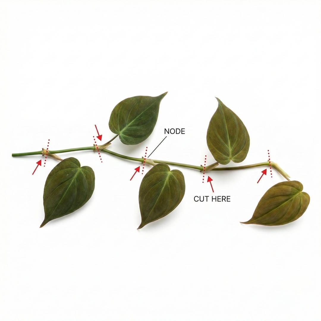 Close-up diagram showing the node structure on a Velvet Leaf Philodendron stem with arrows indicating where to cut
