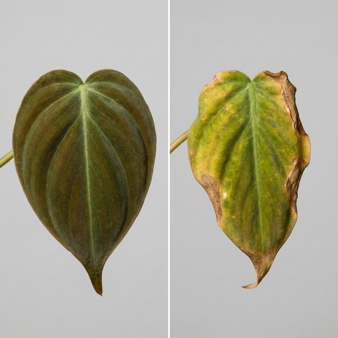 Split image showing healthy Velvet Leaf Philodendron leaf on left versus yellowing leaf with brown edges on right