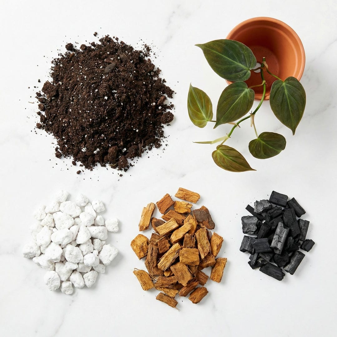 Components of a chunky aroid soil mix for Velvet Leaf Philodendron with bark, perlite, and potting soil