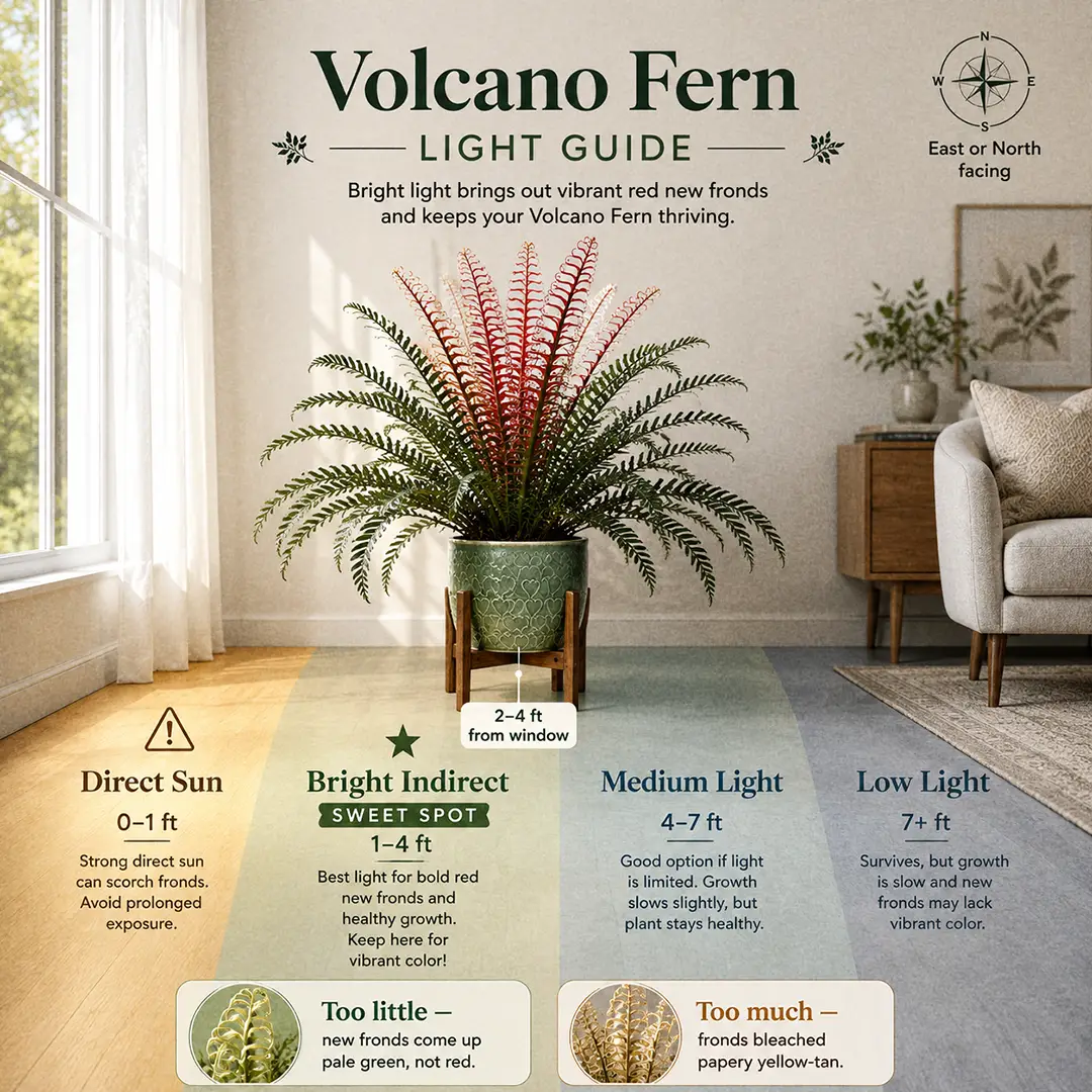 A labeled light guide diagram showing where to place a Volcano Fern indoors relative to an east-facing window, with direct sun, bright indirect, medium and low light zones marked and the sweet spot marked two to four feet from the glass