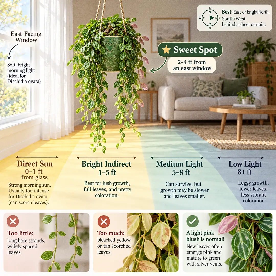 A labeled light guide diagram showing where to place a Watermelon Dischidia indoors, with direct sun, bright indirect, medium and low light zones marked and the sweet spot a few feet from an east-facing window