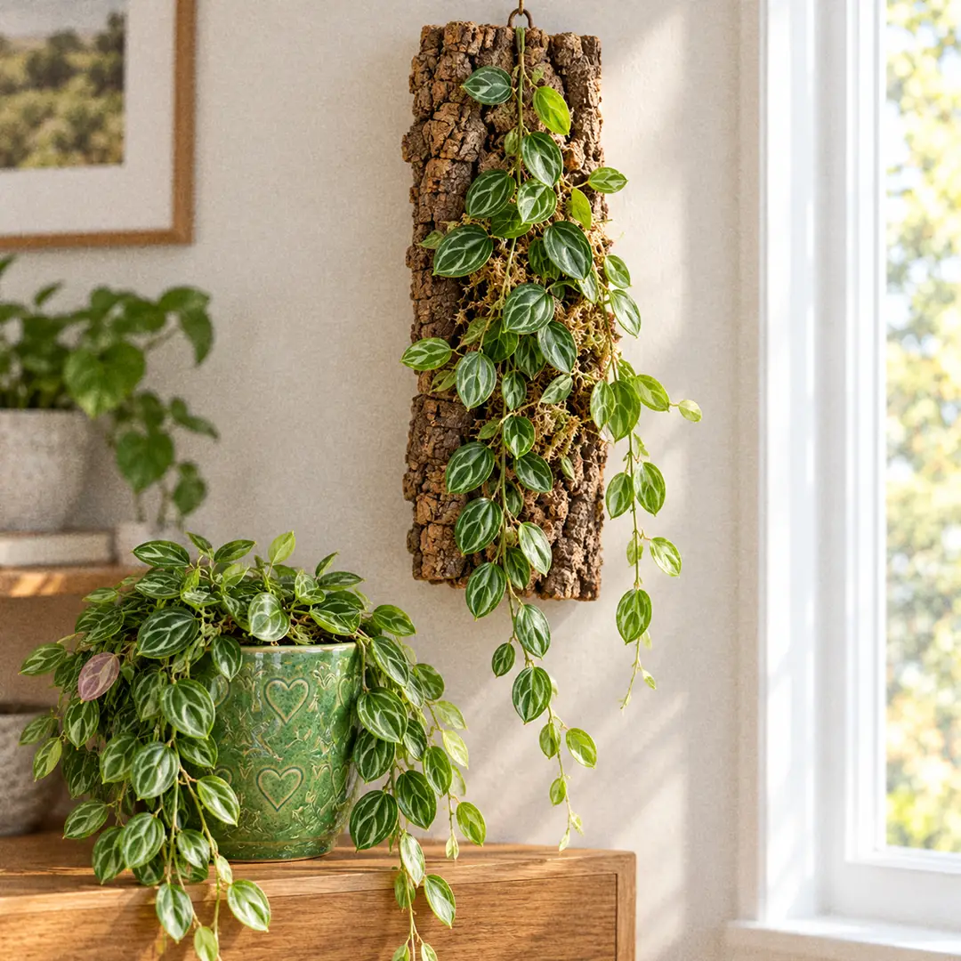 A Watermelon Dischidia mounted on a slab of cork bark hanging on a light wall, its strands of oval pale-veined leaves climbing over the bark from a pad of sphagnum moss, with a green ceramic pot with a heart motif on a shelf below