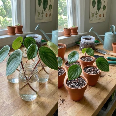 Watermelon Peperomia leaf cuttings with petioles rooting in soil and water.