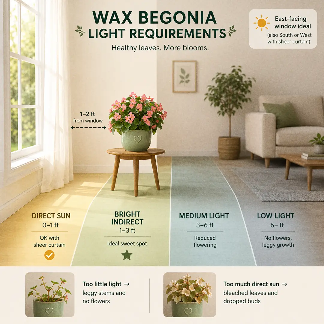 A labeled light-zone diagram showing a Wax Begonia placed in the sweet spot one to two feet from an east-facing window in a bright modern living room, with sweet-spot, too-dark, and too-bright zones marked in soft color washes and a small note about morning sun