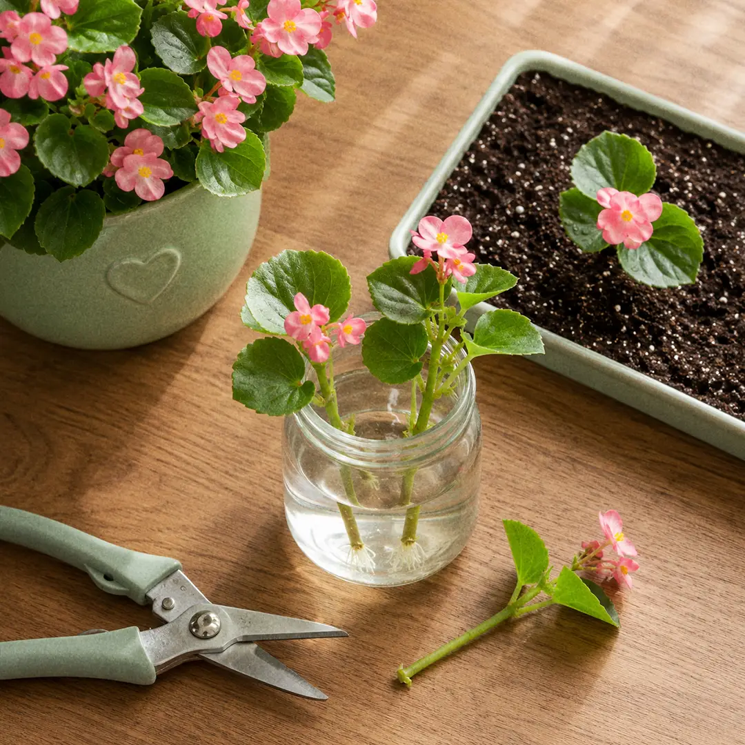Top-down view of a Wax Begonia propagation setup showing several stem cuttings rooting in a small glass jar of water on a wooden surface beside a green ceramic pot with a heart motif and a tray of fresh begonia mix with one cutting already planted