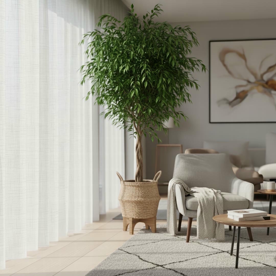 A large Weeping Fig in a decorative pot in a living room.