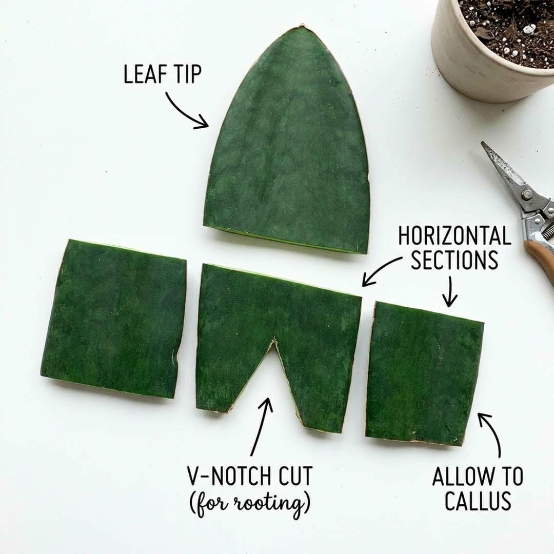 Propagation diagram showing leaf cuttings and rhizome division