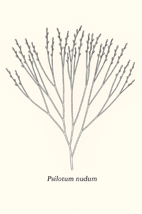 Botanical illustration showing the branching stems and sporangia of a Whisk Fern (Psilotum nudum)