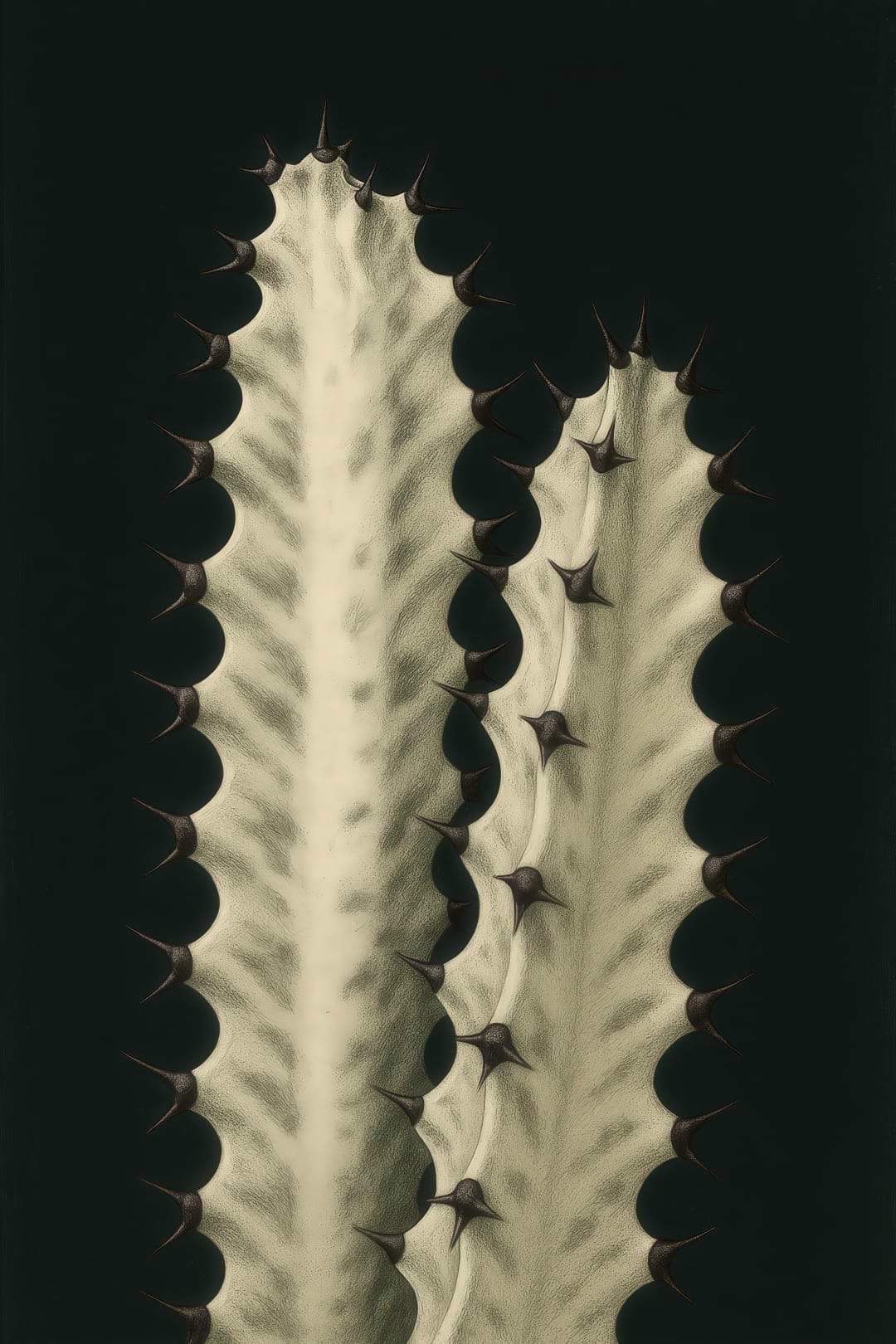 Artistic close-up of two Euphorbia lactea 'White Ghost' stems against a dark background, highlighting their form and texture.