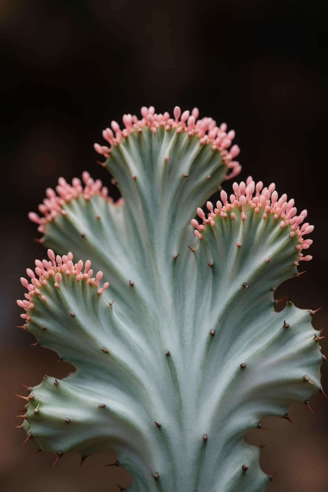 Top view of a crested Euphorbia lactea 'White Ghost', with pink cyathia accenting its fan-like structure.