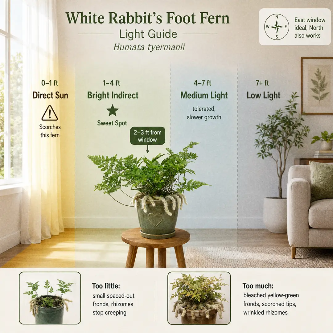A labeled light guide diagram showing where to place a White Rabbit's Foot Fern indoors relative to an east-facing window, with direct sun, bright indirect, medium and low light zones marked and the sweet spot called out