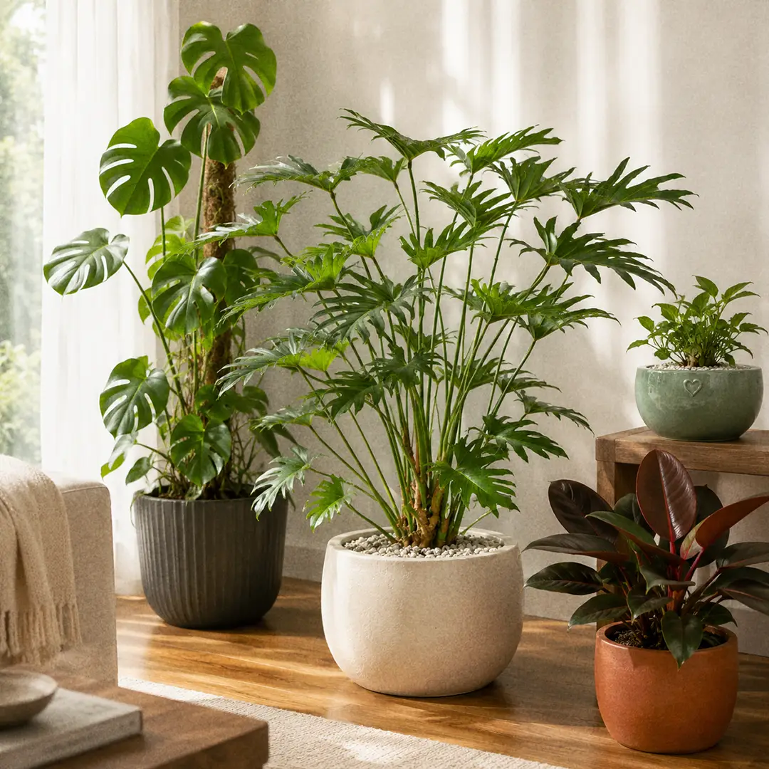 A styled corner of a bright modern living room with a mature Xanadu in a wide cream ceramic planter on a wooden floor beside a tall Monstera Deliciosa on a moss pole and a Rojo Congo in a terracotta pot, with sheer curtains and warm afternoon light