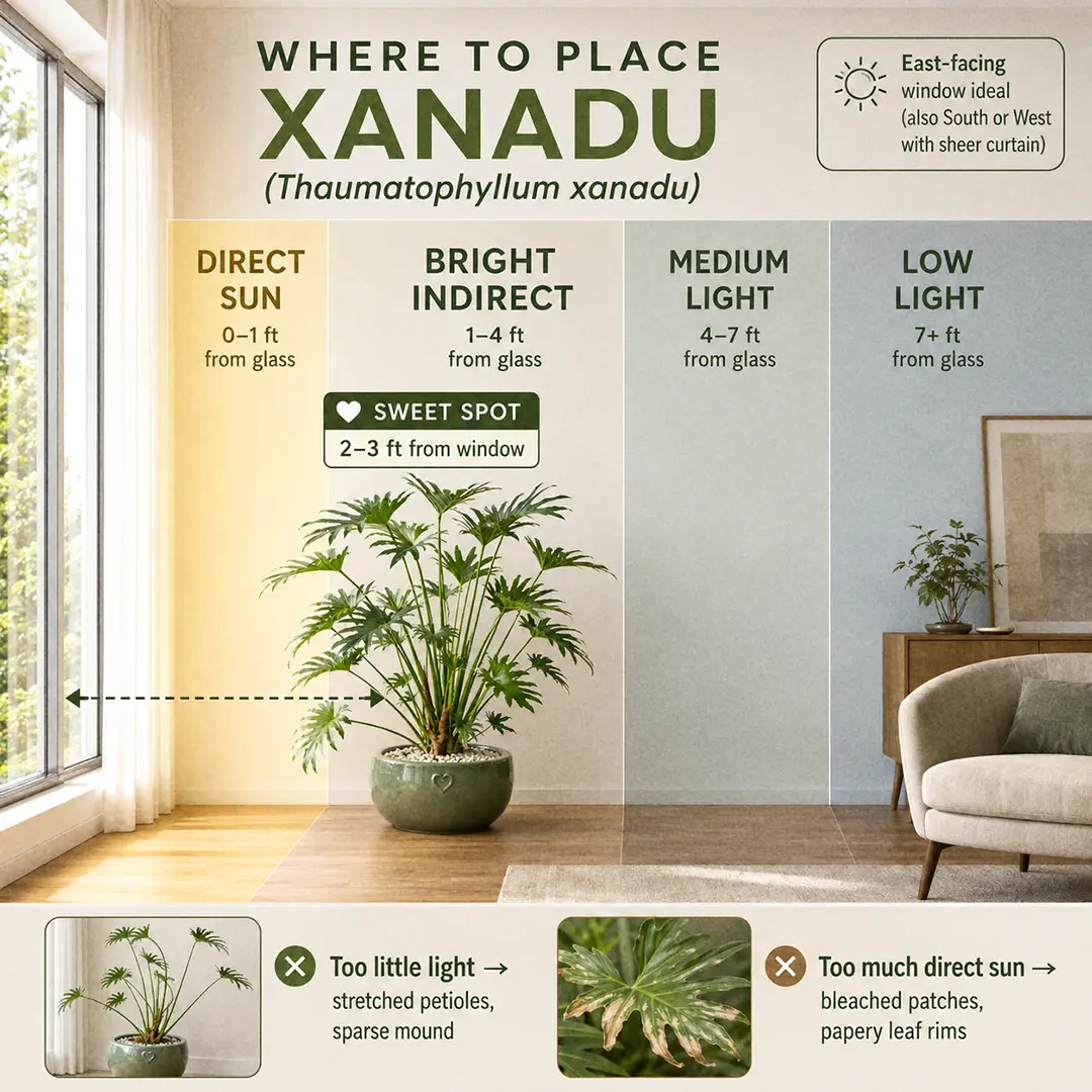 A labeled light-zone diagram showing a Xanadu in a wide green ceramic pot with a heart motif placed in the bright indirect zone two to three feet from an east-facing window in a warm modern living room, with too-dark and too-bright examples in the bottom corners