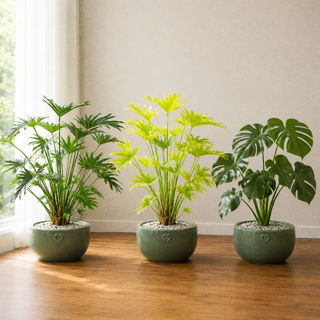 Three lobed-leaf tropical plants side by side on a wooden floor in matching green ceramic pots with heart motifs: a classic green Xanadu with deeply lobed glossy leaves, a Golden Xanadu with chartreuse-yellow new growth, and a small split-leaf Monstera Deliciosa for size comparison