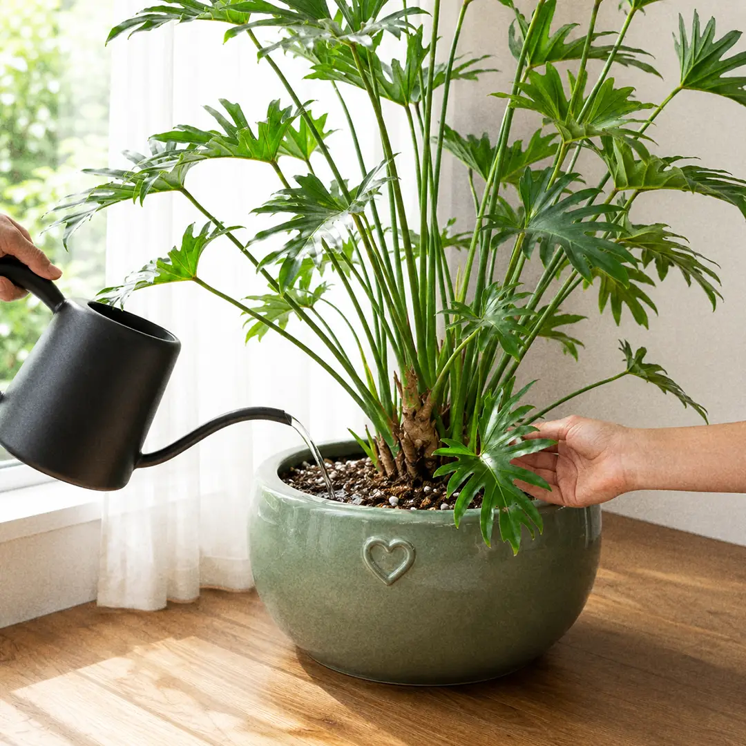 A close-up of a slender-spouted watering can pouring water at the soil line of a Xanadu in a wide green ceramic pot with a heart motif, with the lobed leaves arching over the soil and droplets visible on the surface