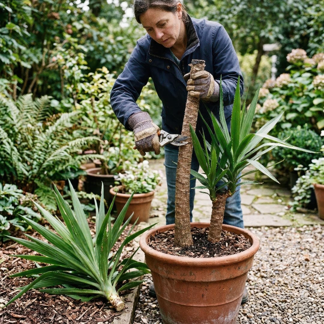 A Yucca Cane being pruned at the cane, with the top rosette removed to control height and encourage new growth.