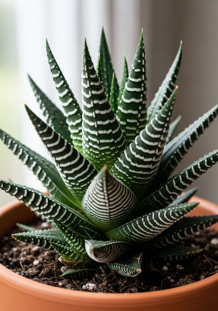 A close-up of a Zebra Haworthia in a classic terracotta pot, showing its sharp leaves and bumpy white stripes.
